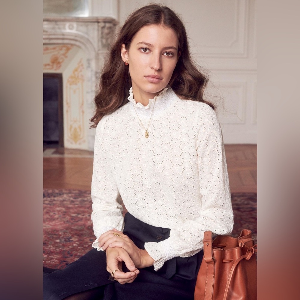 Sezane Cathy Blouse, White Eyelet (36FR, US4, S)